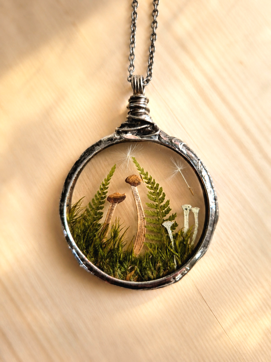 Mushroom and Fern necklace No 1, Terrarium necklace.