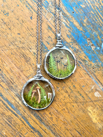 Mushroom and Fern necklace No 1, Terrarium necklace.