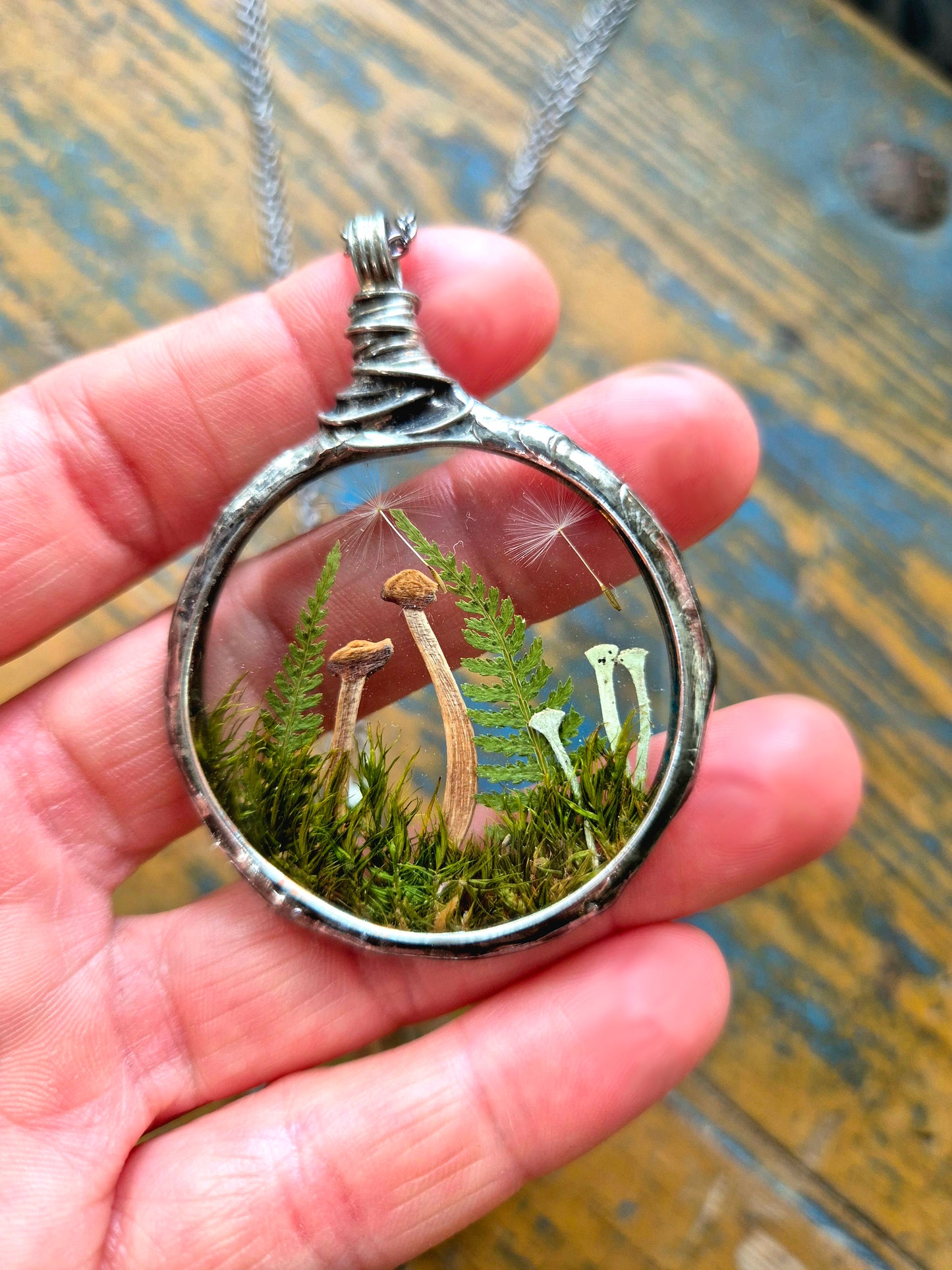 Mushroom and Fern necklace No 1, Terrarium necklace.