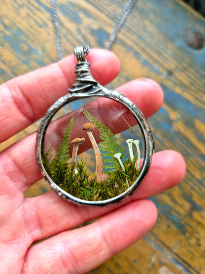 Mushroom and Fern necklace No 1, Terrarium necklace.