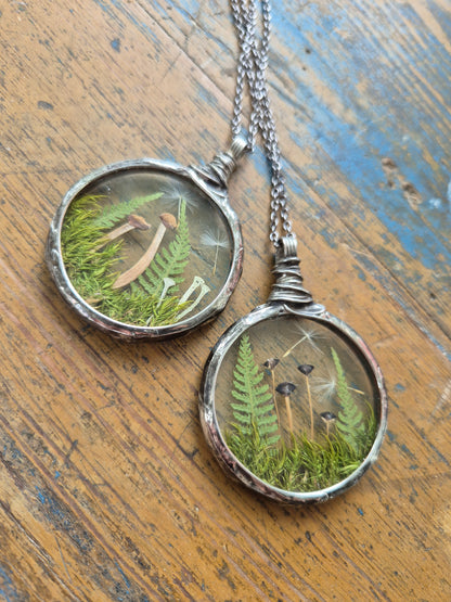 Mushroom and Fern necklace No 1, Terrarium necklace.