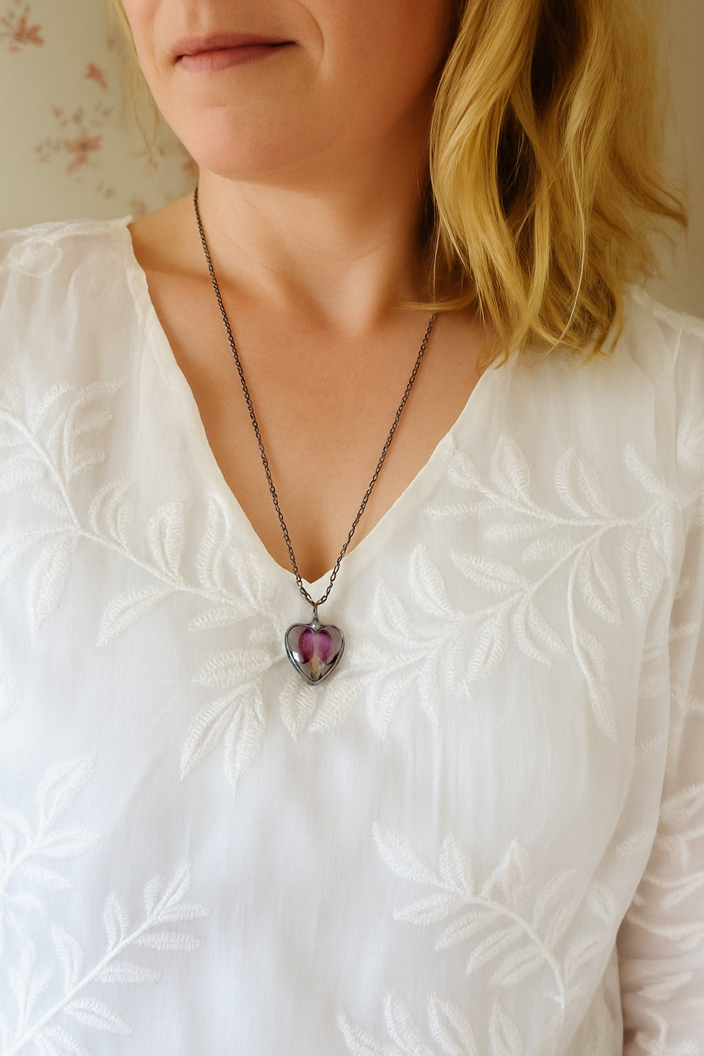Bleeding heart pendant, heart shaped flower necklace.