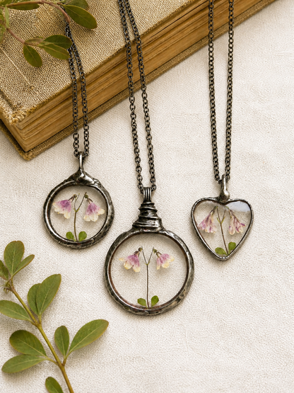 Twinflower Linnea heart necklace. Terrarium jewelry.